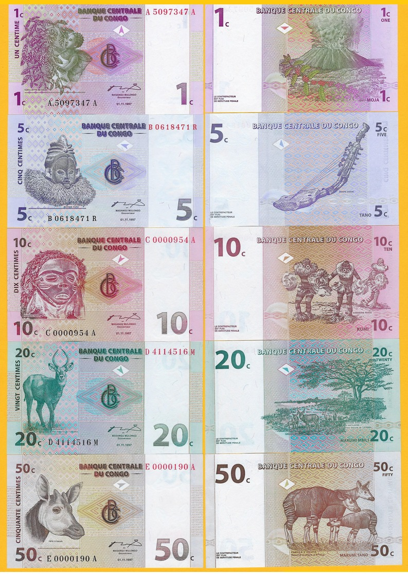 D.R. Congo Set 1, 5, 10, 20, 50 Centimes 1997 UNC Banknotes - República Democrática Del Congo & Zaire
