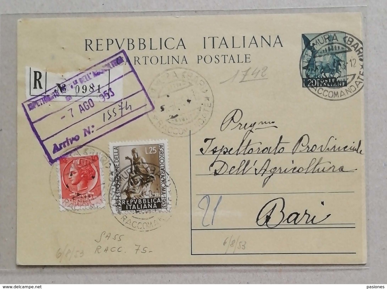 Cartolina Postale Raccomandata Altamura-Bari - 07/08/1953 - Interi Postali