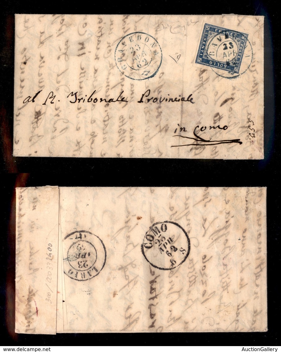 ANTICHI STATI ITALIANI - LOMBARDO VENETO - Gravedona (azzurro - P.ti 5) - 20 Cent (15Db - Sardegna) Su Lettera Per Como  - Andere & Zonder Classificatie