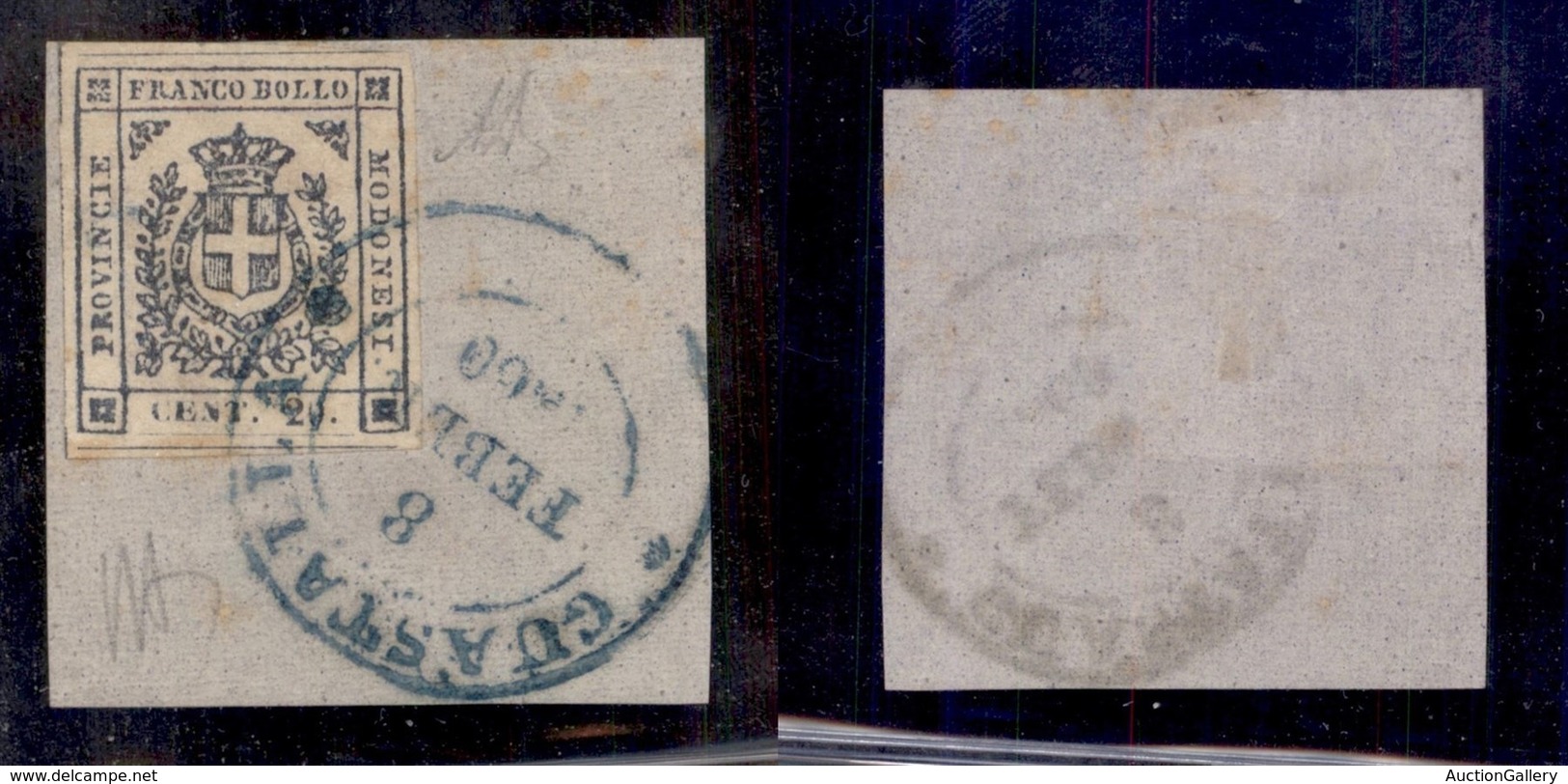 ANTICHI STATI ITALIANI - MODENA - Guastalla 8 Febbr.1860 (azzurro - P.ti 10) - 20 Cent (15) Usato Su Frammento - Cert. D - Sonstige & Ohne Zuordnung