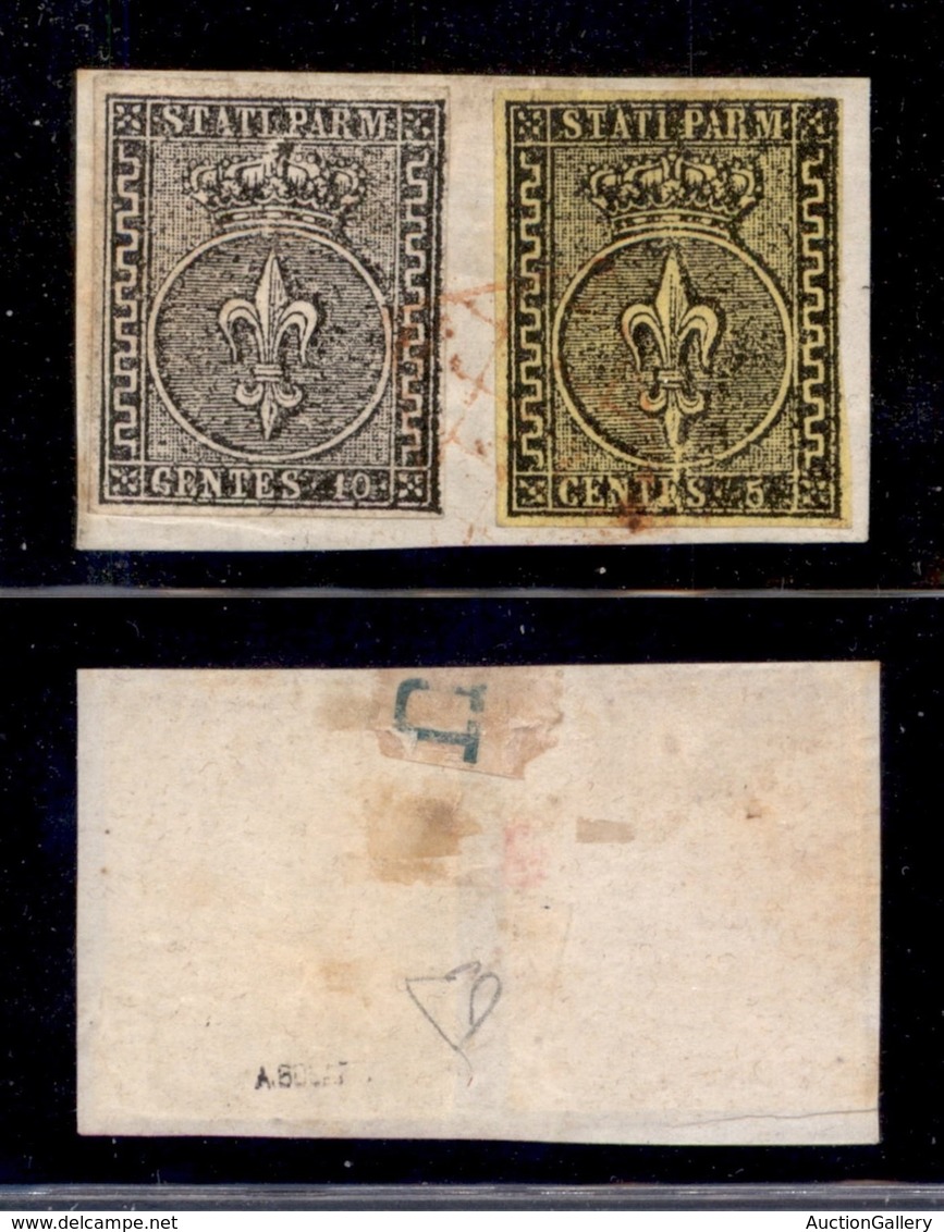 ANTICHI STATI ITALIANI - PARMA - 1852 - 10 Cent (2) + 5 Cent (1) Su Frammento Annullato Con Griglietta In Rosso - Diena - Other & Unclassified
