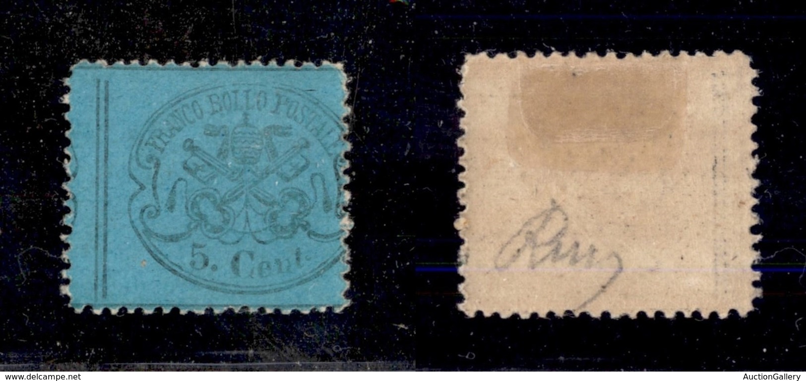 ANTICHI STATI ITALIANI - STATO PONTIFICIO - 1868 - 5 Cent (25a - Azzurro Verdastro) - Dentellatura Verticale Spostata A  - Sonstige & Ohne Zuordnung