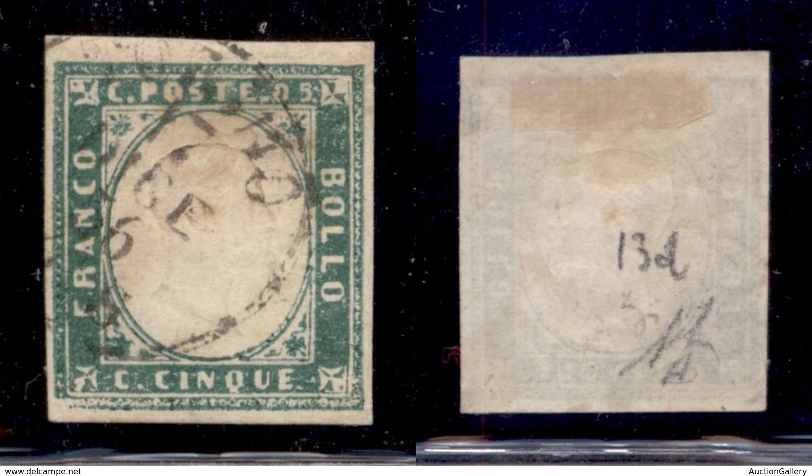 ANTICHI STATI ITALIANI - SARDEGNA - 1855 - 5 Cent (13d - Verde Smeraldo) Usato - Diena (800) - Autres & Non Classés