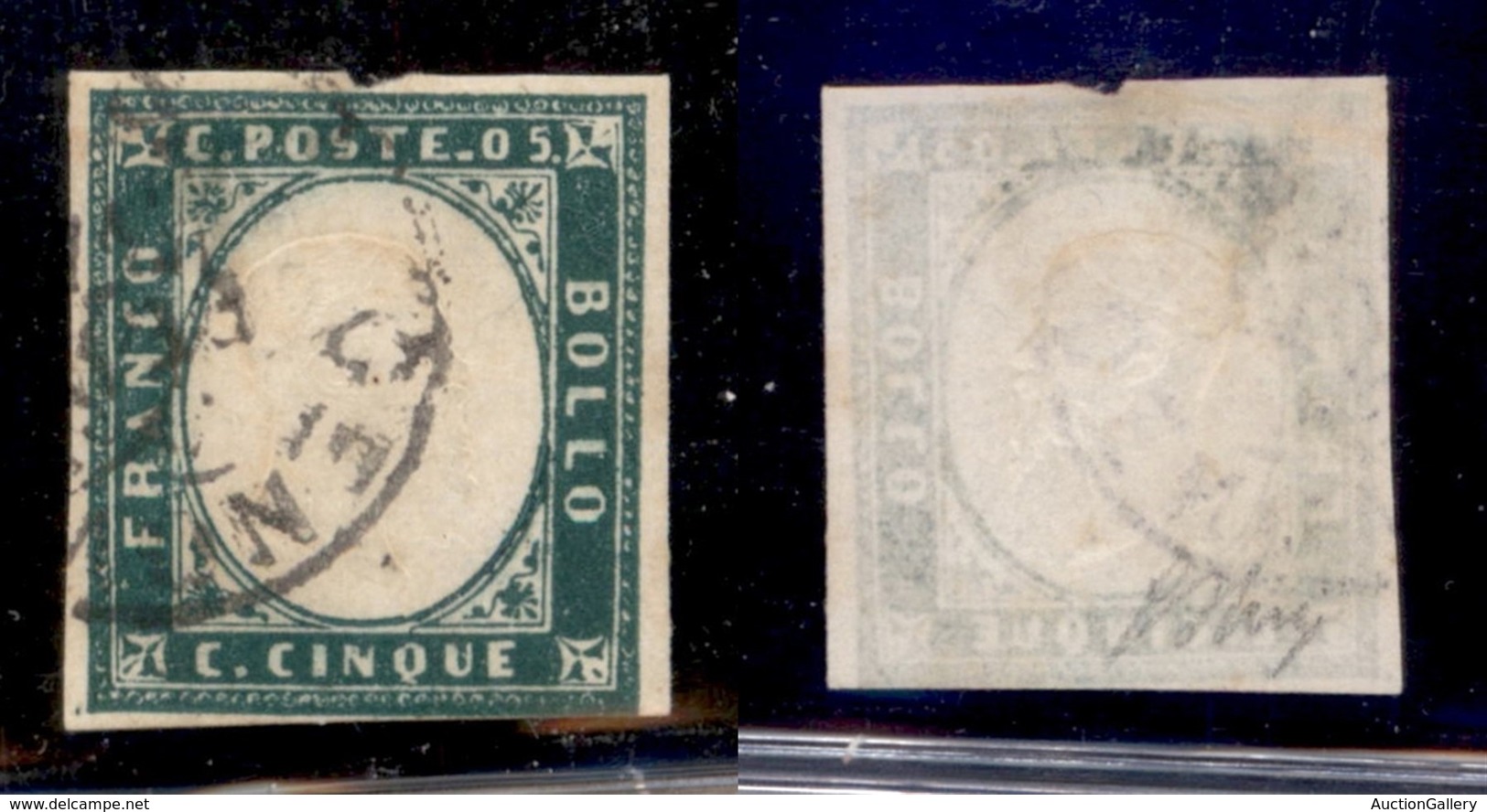 ANTICHI STATI ITALIANI - SARDEGNA - 1855 - 5 Cent (13f - Smeraldo Scuro) Usato - Preciso In Basso A Destra - Oliva + Cer - Sonstige & Ohne Zuordnung