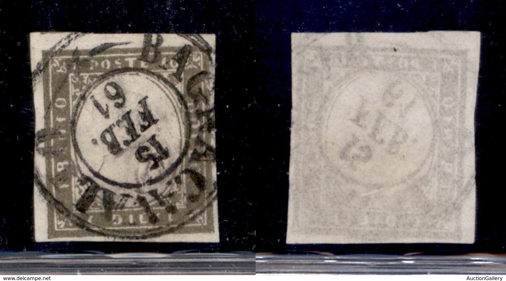 ANTICHI STATI ITALIANI - SARDEGNA - 1861 - 10 Cent (14Caa - Oliva Grigio Verdastro) Usato - Cert. AG (1.200) - Autres & Non Classés