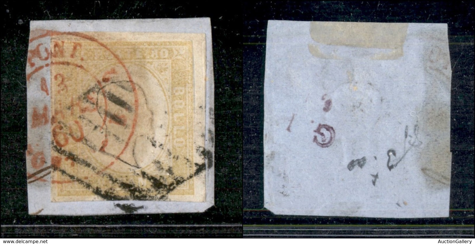ANTICHI STATI ITALIANI - SARDEGNA - 1859 - 80 Cent (17Ab - Giallo Limone) Usato Su Frammento - Griglia + Pont (rosso) 13 - Autres & Non Classés