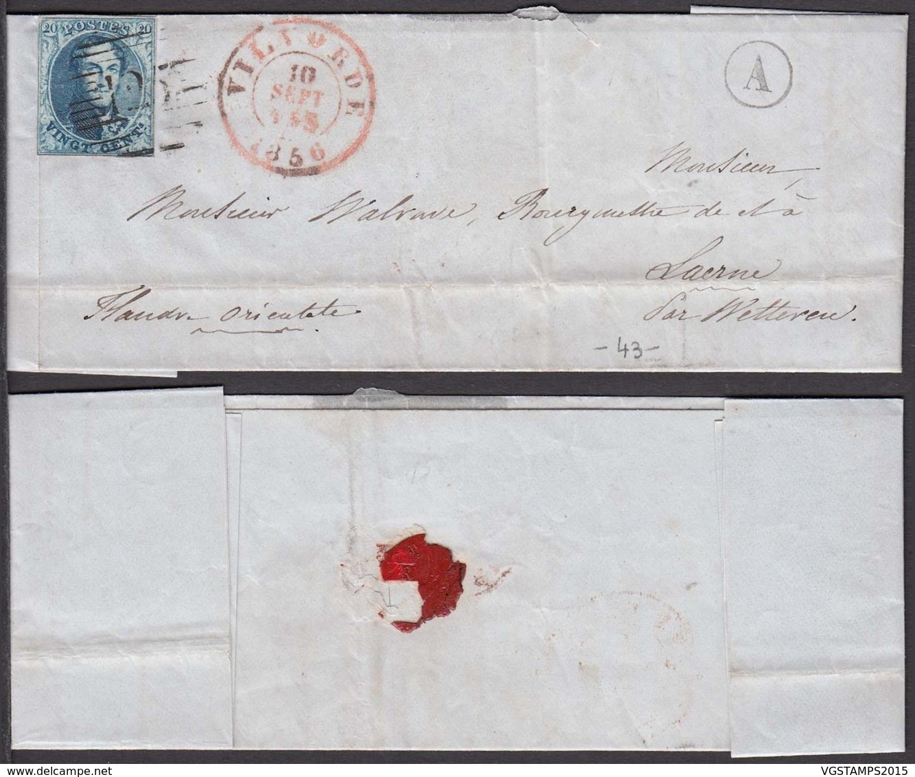 Belgique COB 6 Sur Lettre De Vilvorde 10 Sept 1856 Datée De Perk  (boite Rurale A) Vers Laerne (RD1) DC5504 - 1849-1865 Medaglioni (Varie)