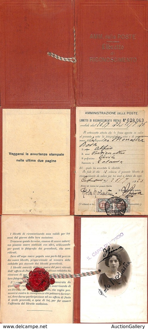 REGNO - POSTA ORDINARIA - 1923 - 1 Lira Floreale (77) In Coppia - Intero Libretto Di Riconoscimento Postale Completo Del - Autres & Non Classés