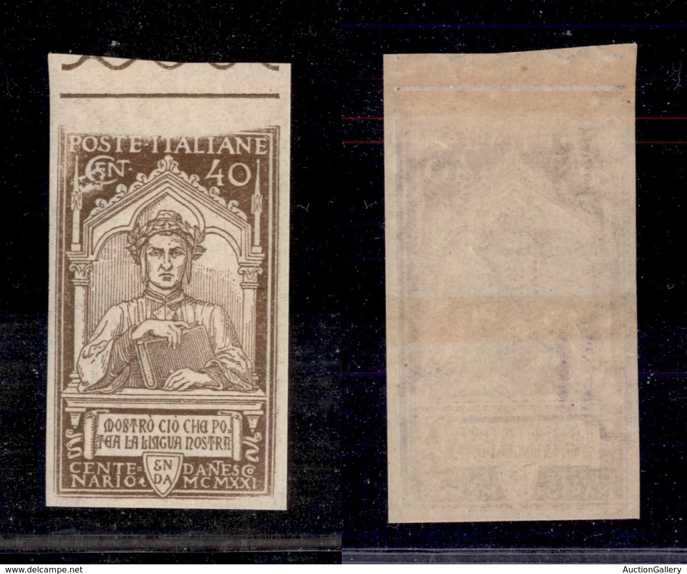 REGNO - POSTA ORDINARIA - 1921 - Stampa Parziale - 40 Cent Dante (118ea Varietà F) Non Dentellato - Gomma Integra - Autres & Non Classés