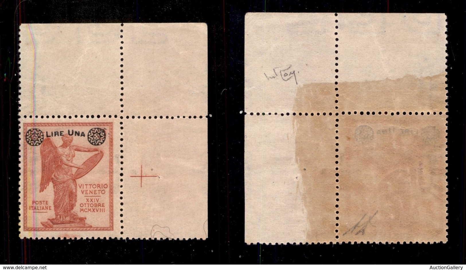 REGNO - POSTA ORDINARIA - 1924 - 1 Lira Su 10 Cent (159d) Angolo Di Foglio Con Filigrana Croce - Gomma Integra - Cert. R - Autres & Non Classés