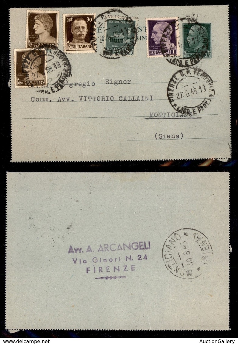 REGNO - POSTA ORDINARIA - Uso Misto Regno/RSI - Biglietto Postale Da 25 Cent Con Complementari Da Firenze A Siena Del 27 - Autres & Non Classés