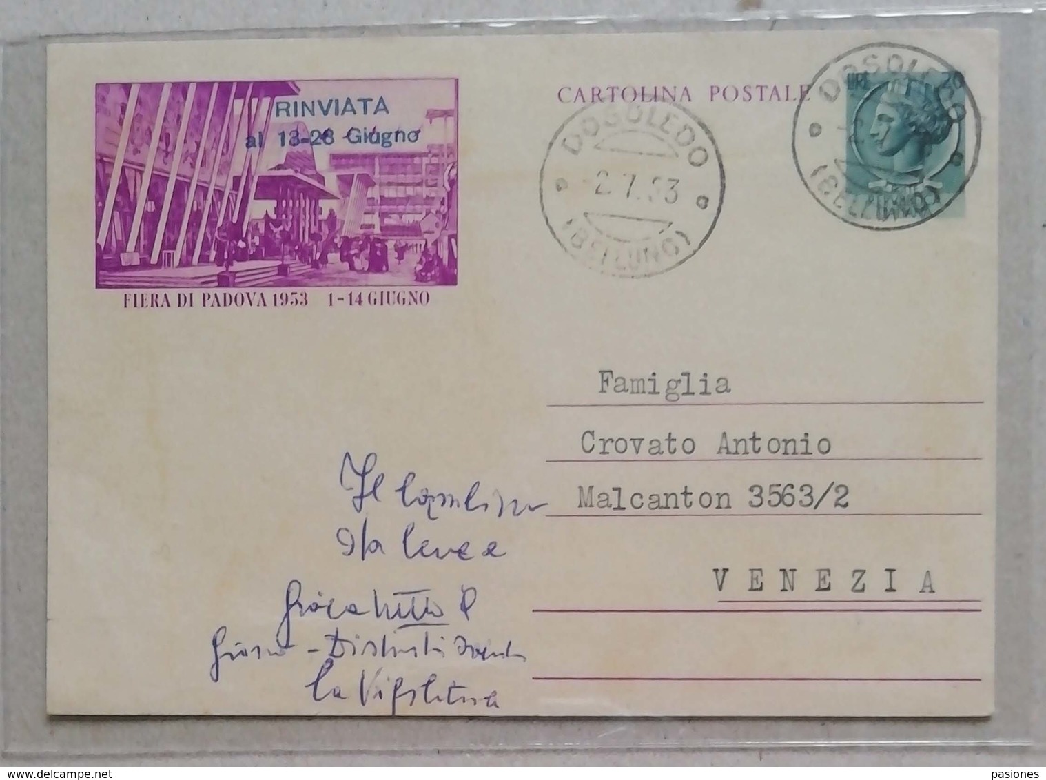 Cartolina Postale Fiera Di Padova 02/07/1953 - Stamped Stationery