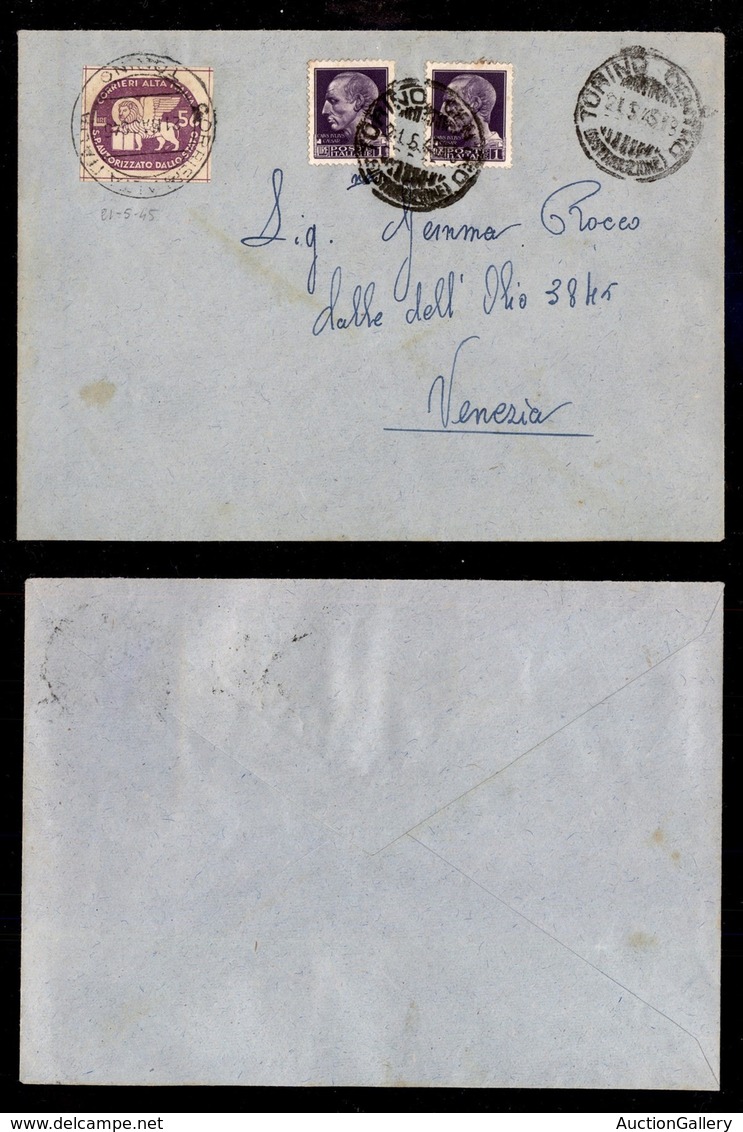 LUOGOTENENZA - CORALIT - COR.AL.IT. - 56 Lire Leone (5) + Complementari (528) - Busta Da Torino A Venezia Del 21.5.45 (3 - Other & Unclassified