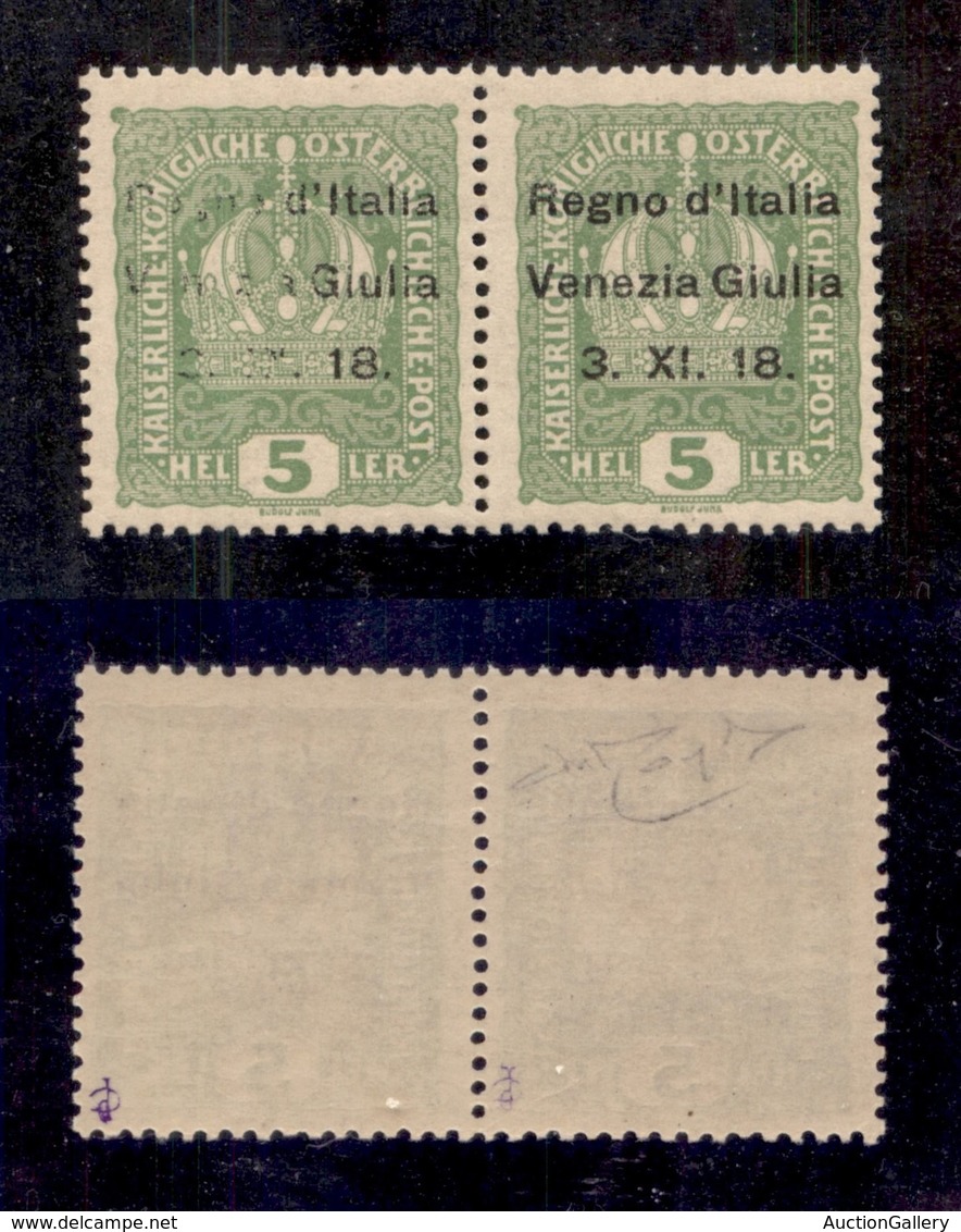 OCCUPAZIONI I GUERRA MONDIALE - VENEZIA GIULIA - 1918 - 5 Heller (2 Varietà Ca+2) Con Soprastampa Incompleta In Coppia C - Autres & Non Classés