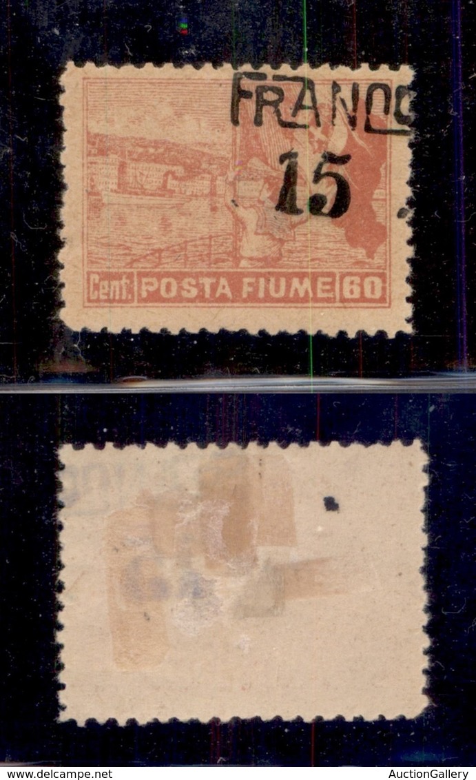 OCCUPAZIONI I GUERRA MONDIALE - FIUME - 1919 - Franco 15 Su 60 Cent (D80vda) Rosa - Soprastampa Obliqua In Alto A Destra - Other & Unclassified