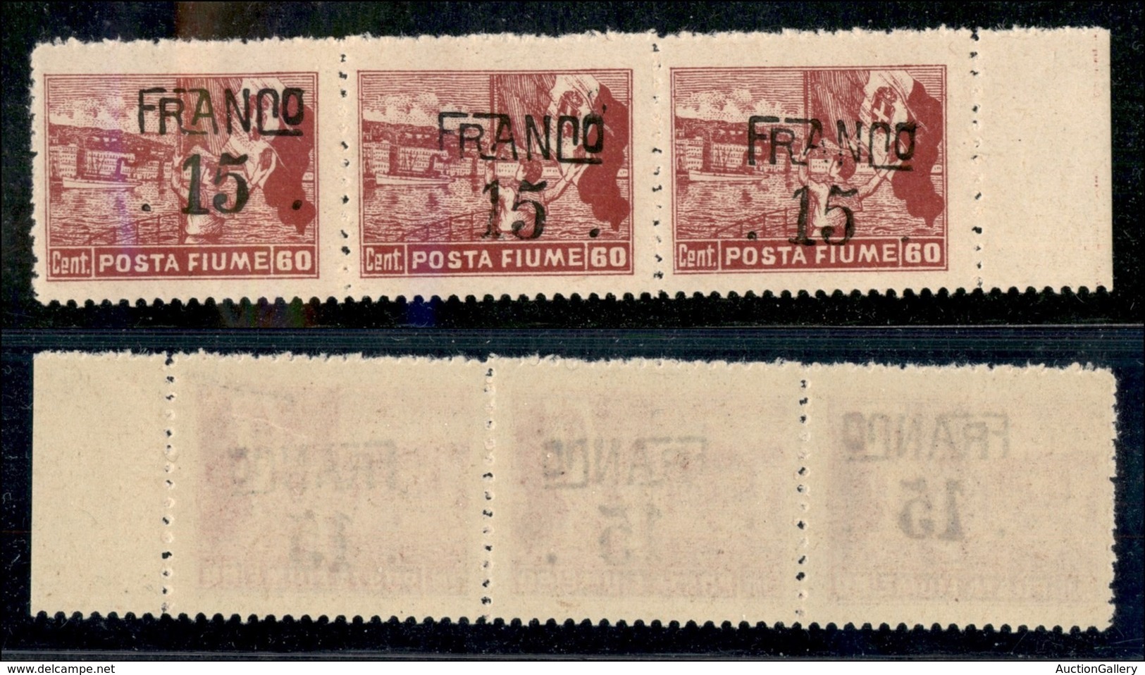 OCCUPAZIONI I GUERRA MONDIALE - FIUME - 1919 - Franco 15 Su 60 Cent (D80) - Striscia Di 3 Bordo Foglio - Soprastampe Dis - Other & Unclassified