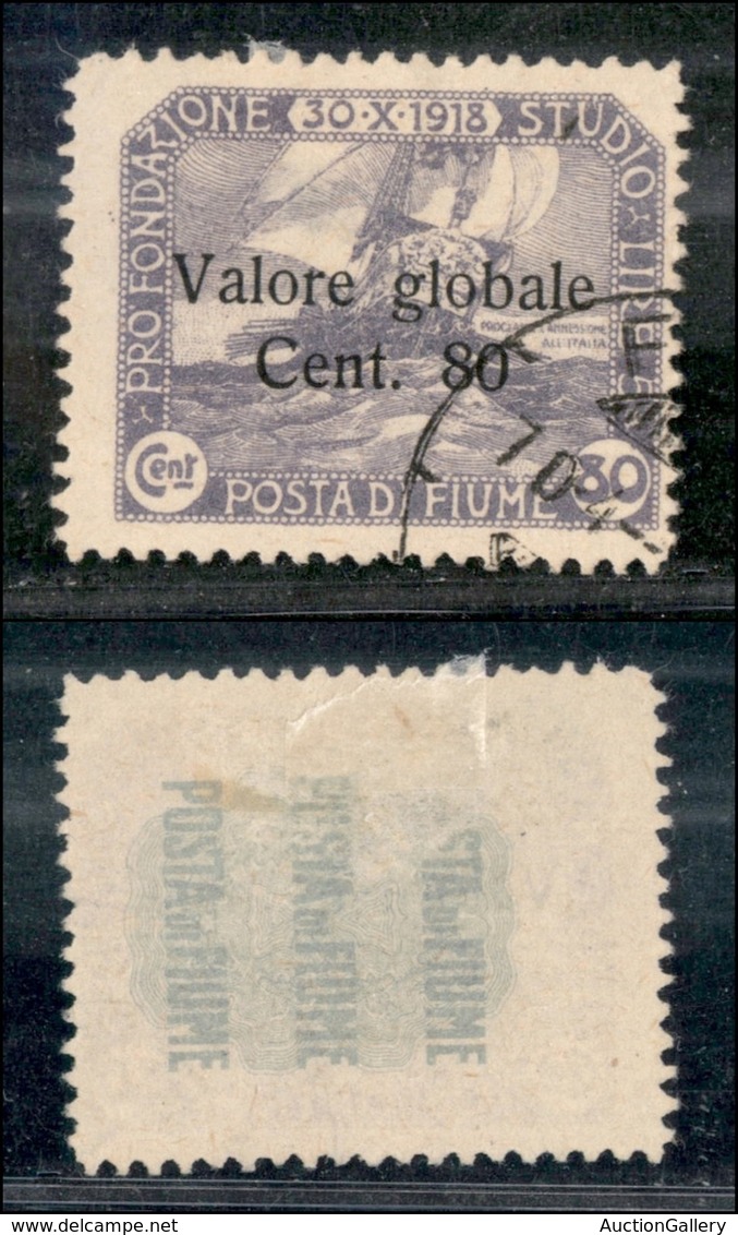 OCCUPAZIONI I GUERRA MONDIALE - FIUME - 1920 - 60 Cent Valore Globale (106 A - Violetto) - Usato - Cert. AG (600) - Other & Unclassified