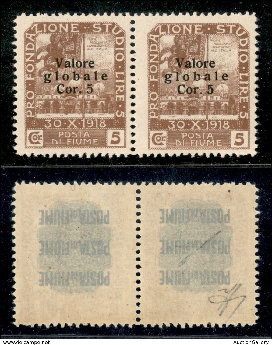 OCCUPAZIONI I GUERRA MONDIALE - FIUME - 1920 - 5 Su 5 Corone (110 Varietà + 110) - Coppia Orizzontale - Cifra Sottile A  - Other & Unclassified