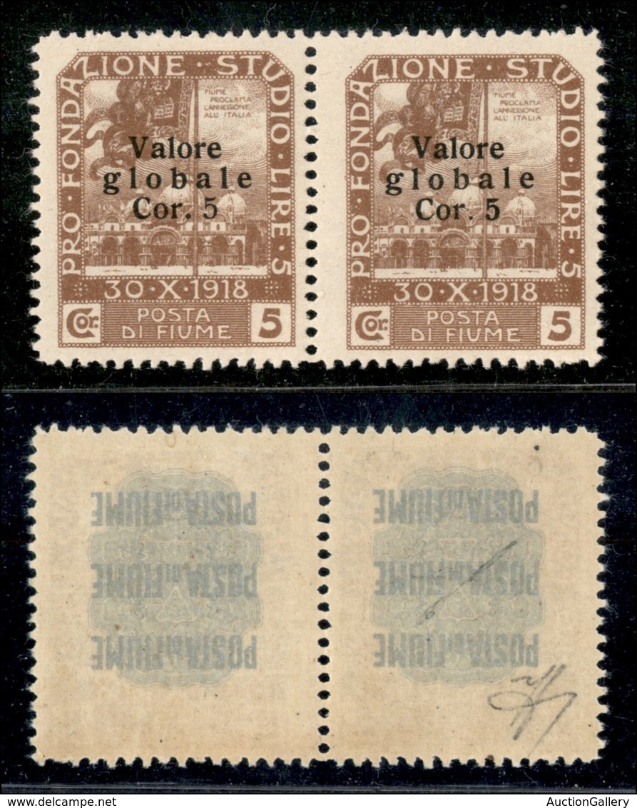 OCCUPAZIONI I GUERRA MONDIALE - FIUME - 1920 - 5 Su 5 Corone (110 Varietà + 110) - Coppia Orizzontale - Cifra Sottile A  - Autres & Non Classés