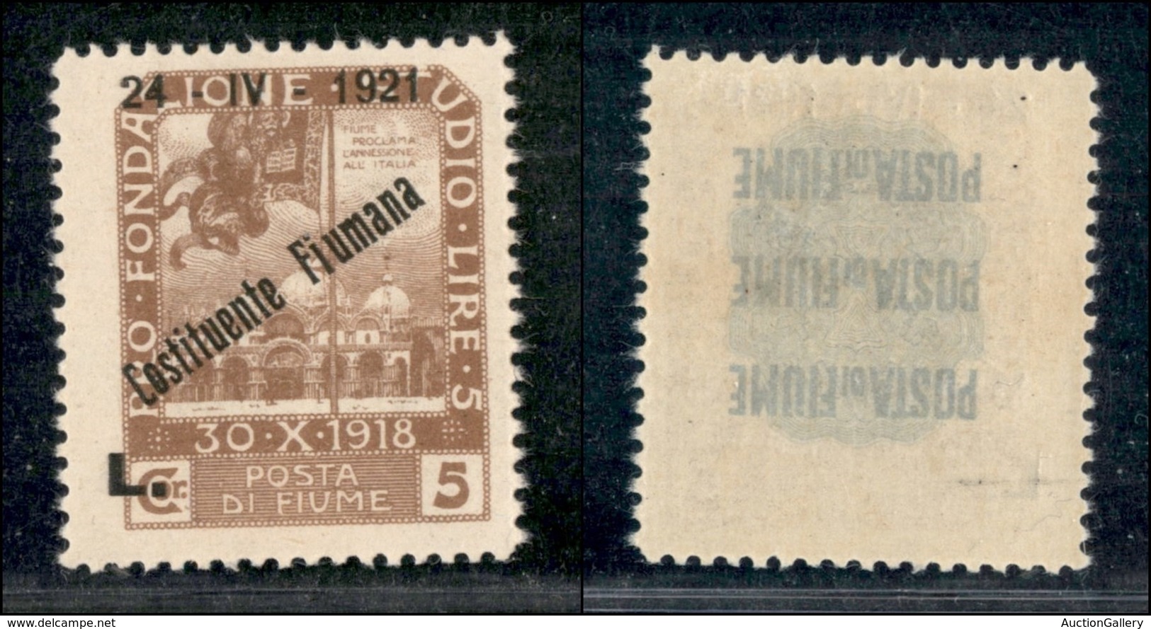 OCCUPAZIONI I GUERRA MONDIALE - FIUME - 1921 - 5 Lire Costituente (174 Nc) - A Spostata - Gomma Integra (1800) - Other & Unclassified