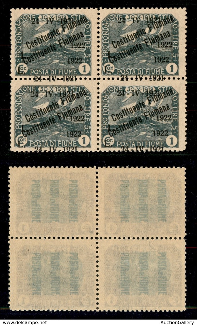 OCCUPAZIONI I GUERRA MONDIALE - FIUME - 1922 - 1 Lira Costituente (186 F Varietà) - Quartina Con Doppie Soprastampe + Da - Other & Unclassified