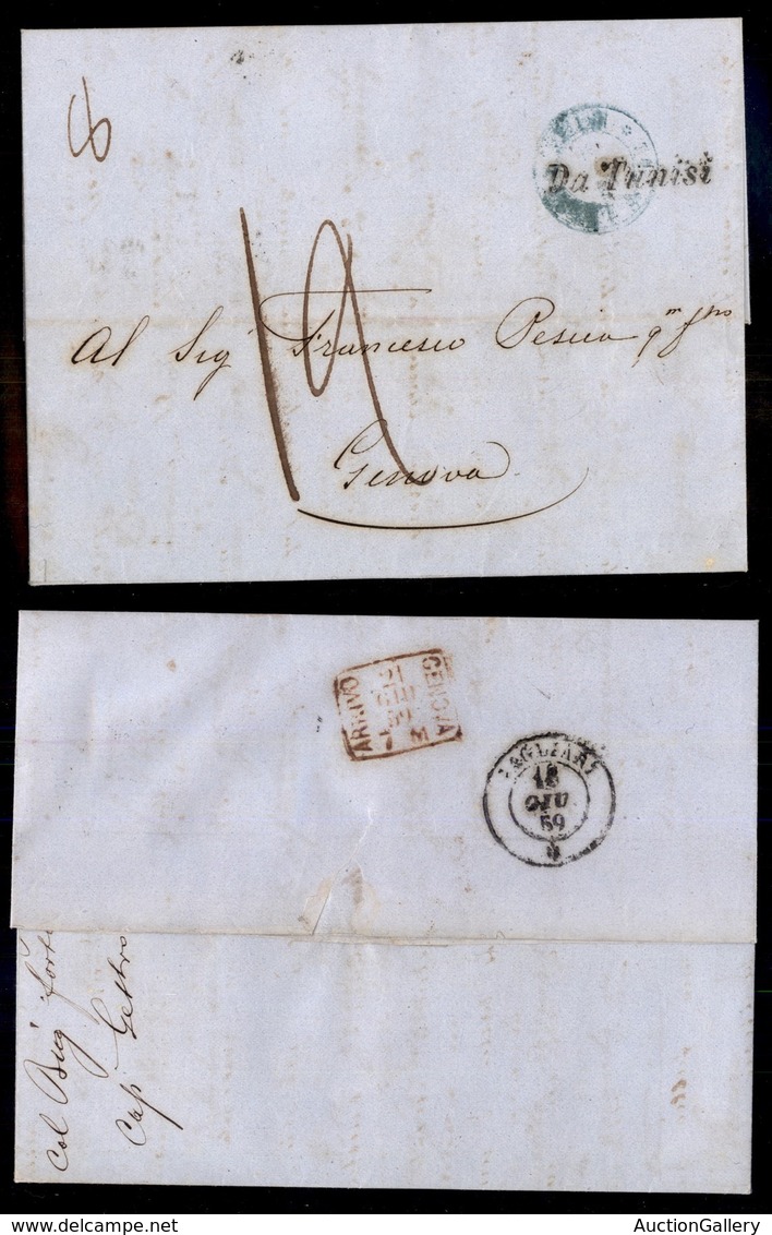 UFFICI POSTALI ALL'ESTERO - LEVANTE - EMISSIONI GENERALI - Da Tunisi + Tunisi Poste Sarde (azzurro) - Lettera Per Genova - Autres & Non Classés