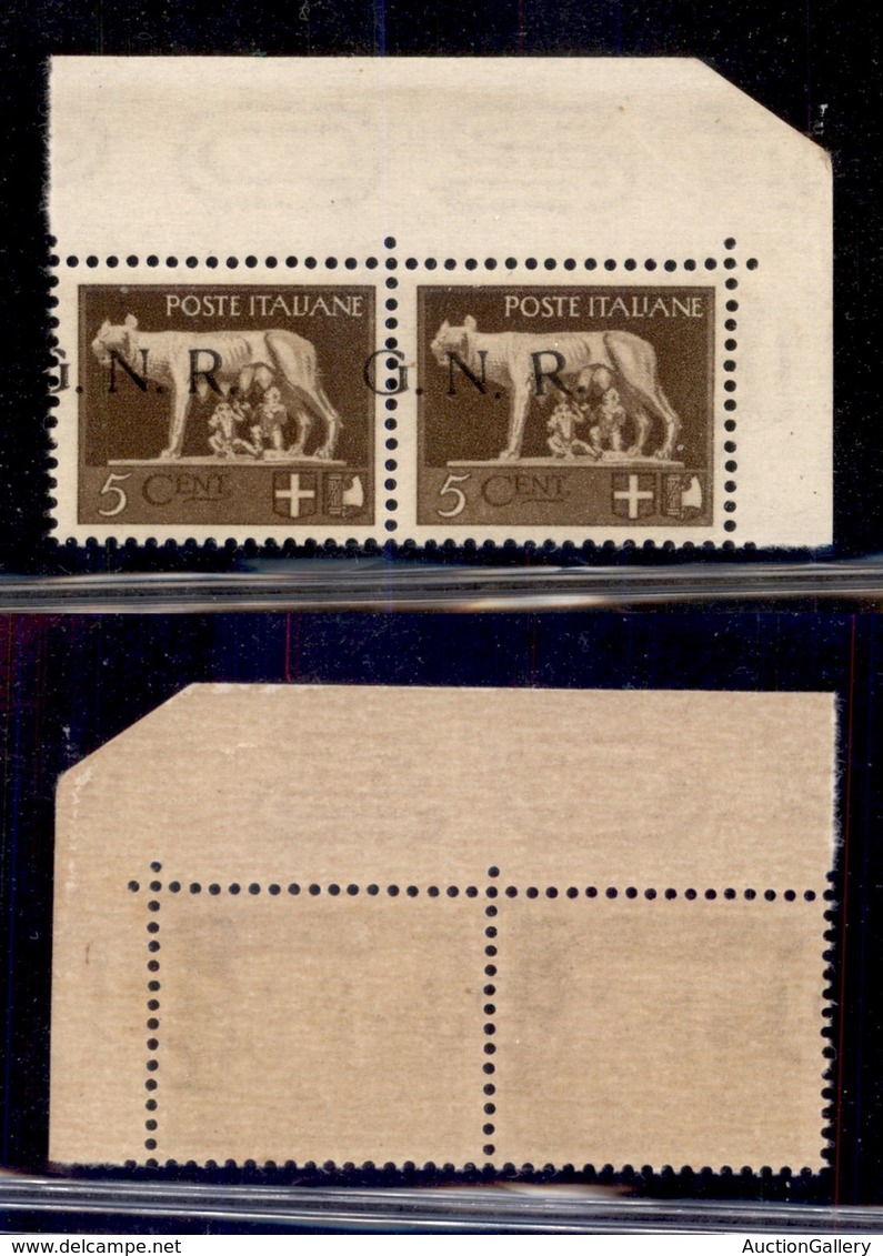 RSI - G.N.R. BRESCIA - 1943 - 5 Cent (470/Ifc + 470/Ifc Varietà M) - Coppia Angolare (pos. 9/10) - G A Cavallo + R Incli - Autres & Non Classés