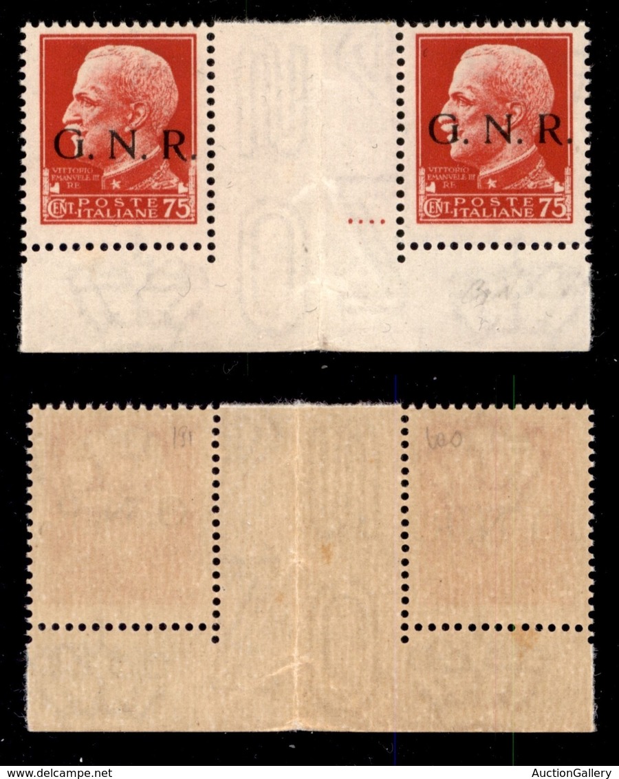 RSI - G.N.R. BRESCIA - 1943 - 75 Cent (478/I) - Coppia Angolare (pos. 100/191) Con Interspazio Al Centro - Gomma Integra - Autres & Non Classés