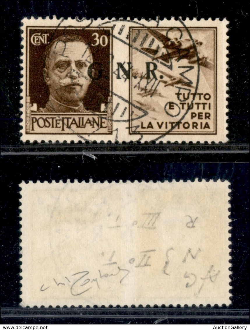 RSI - G.N.R. BRESCIA - 1943 - R Terzo - 30 Cent Aviazione (19/Ia) Usato (Posta Da Campo 713 12.1.44) - Cert. Raybaudi - Autres & Non Classés