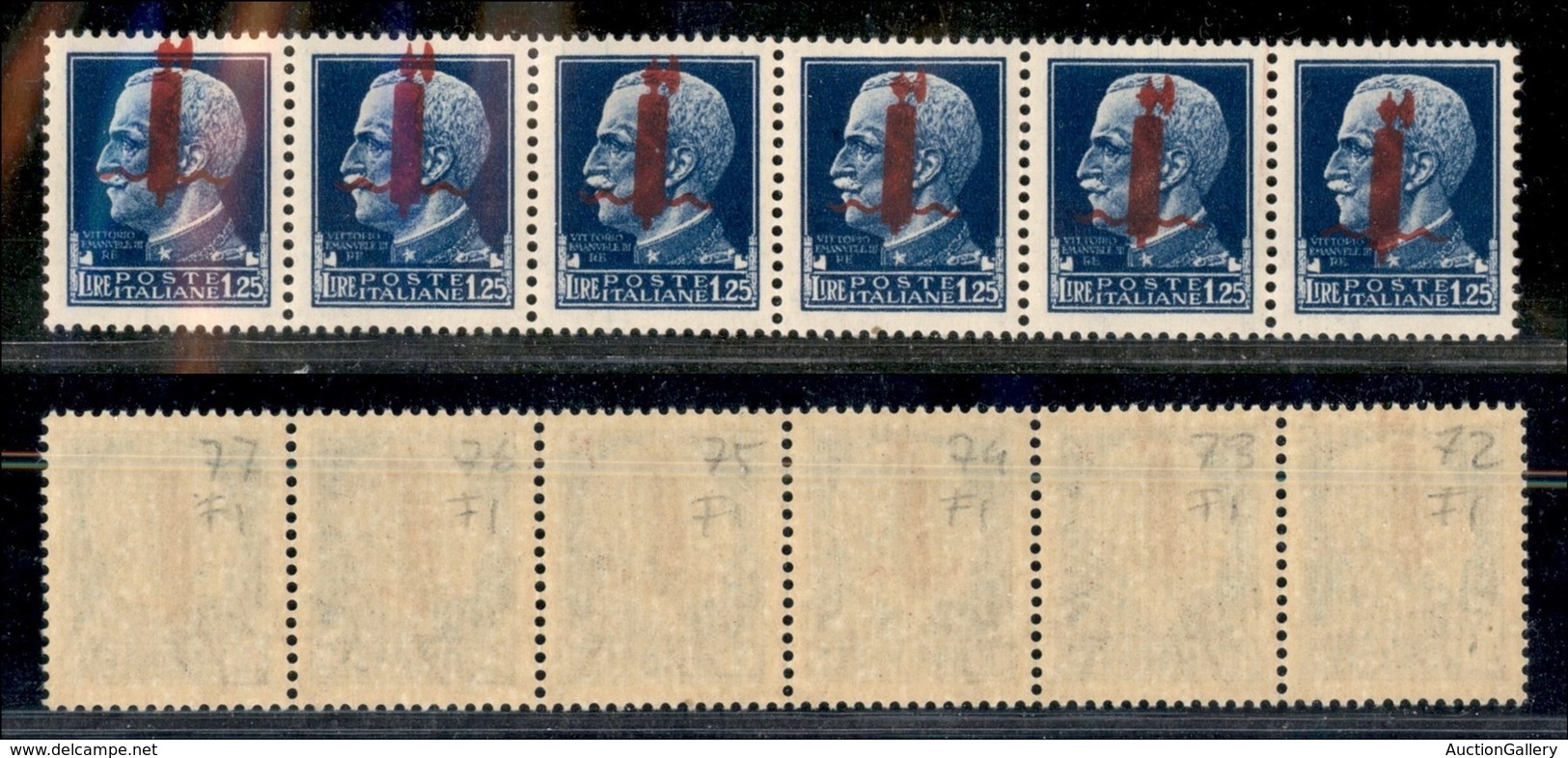 RSI - PROVVISORI - 1944 - Firenze - 1,25 Lire (495/Ih) Striscia Orizzontale Di Sei (pos. 72/77) Con Soprastampe Oblique  - Other & Unclassified