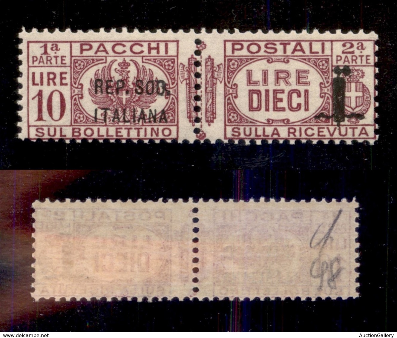 RSI - PROVVISORI - 1944 - 10 Lire (46c - Pacchi Postali) - Soprastampa Corta + C Chiusa (SOO) - Gomma Integra - Cert. AG - Otros & Sin Clasificación