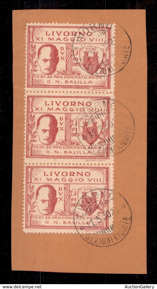 EMISSIONI LOCALI - LIVORNO - 1930 - 30 Cent (1) - Striscia Di Tre Usata Su Frammento (900+) - Other & Unclassified