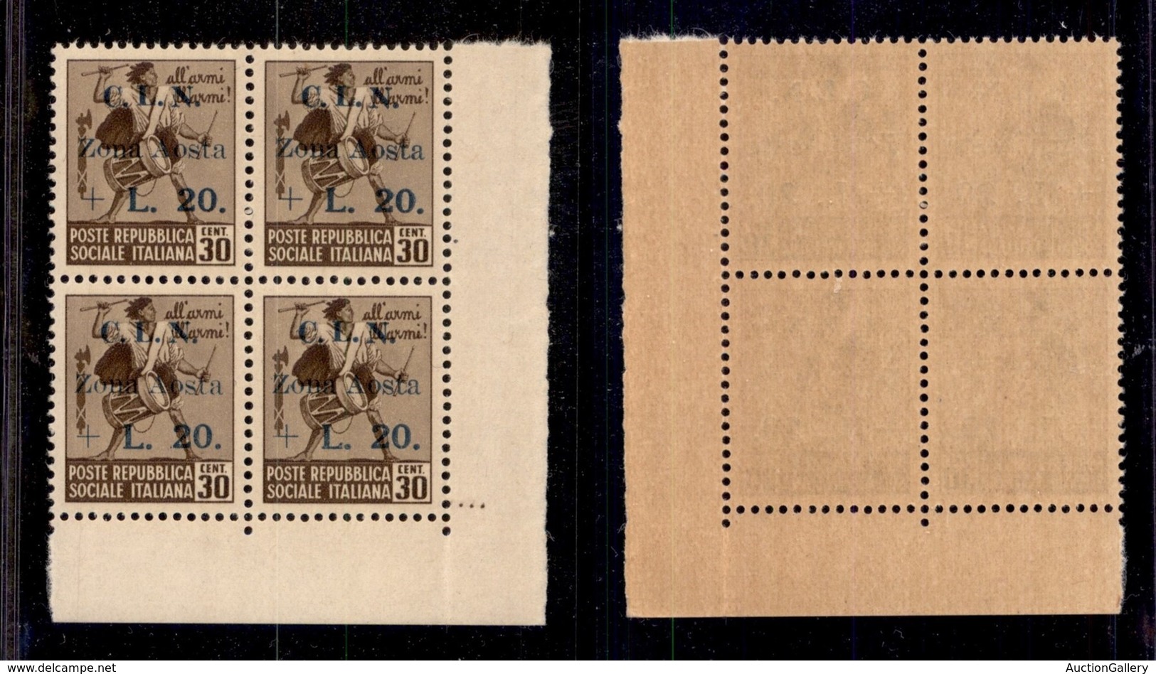 C.L.N. - AOSTA - 1944 - 30 Cent + 20 Lire (7) - Quartina Angolare Con Soprastampa Speculare A Secco Sul Bordo Verticale  - Other & Unclassified