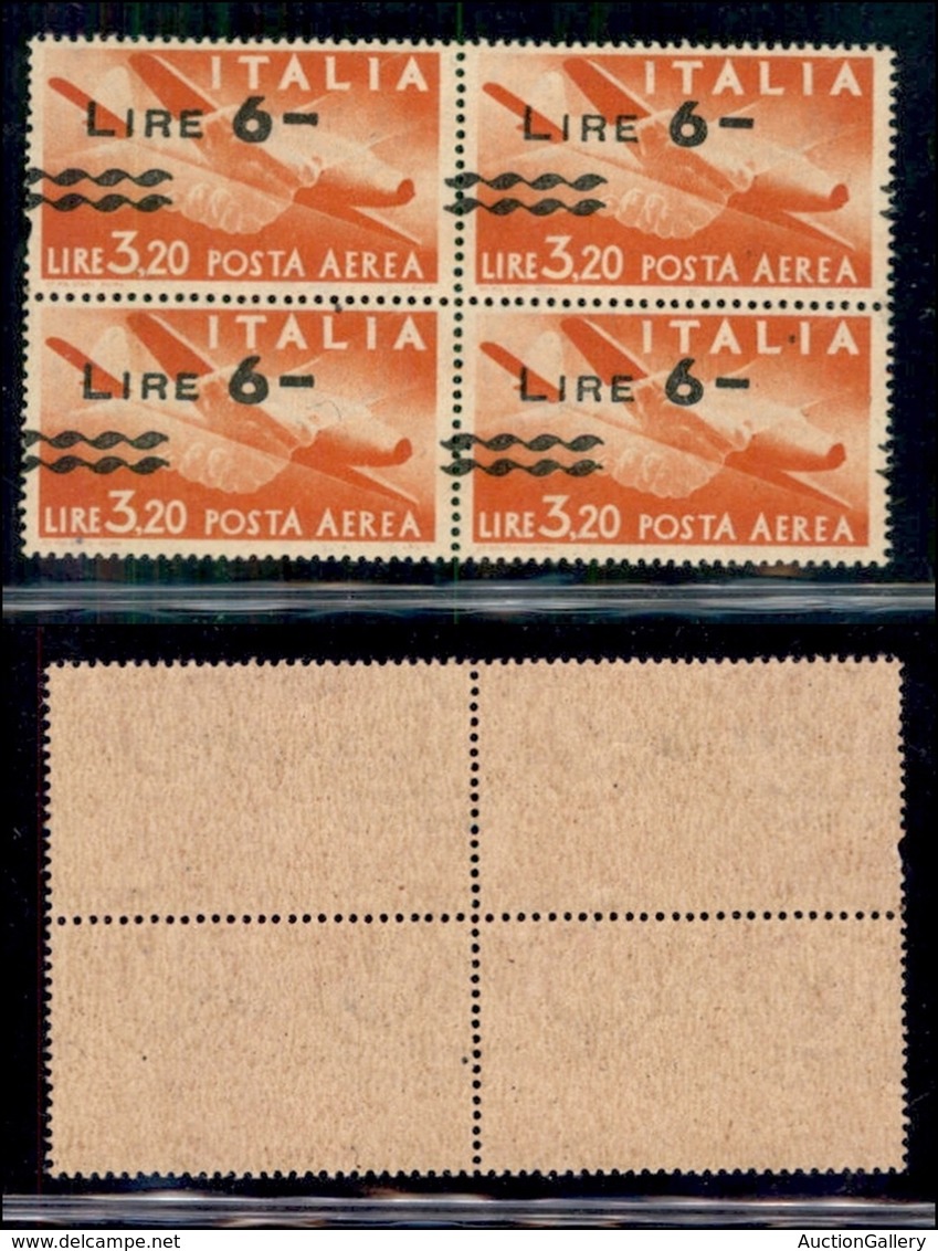 REPUBBLICA - POSTA AEREA - 1947 - 6 Lire Su 3,20 (135g Varietà - Aerea) - Quartina Con Soprastampe Spostate In Alto A Si - Sonstige & Ohne Zuordnung