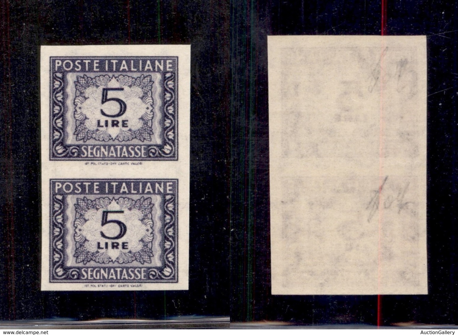 REPUBBLICA - SEGNATASSE - 1947 - 5 Lire (111/IIb - Segnatasse) - Coppia Non Dentellata - Gomma Integra (600) - Sonstige & Ohne Zuordnung