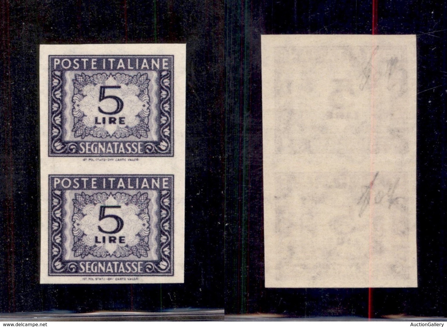 REPUBBLICA - SEGNATASSE - 1947 - 5 Lire (111/IIb - Segnatasse) - Coppia Non Dentellata - Gomma Integra (600) - Autres & Non Classés