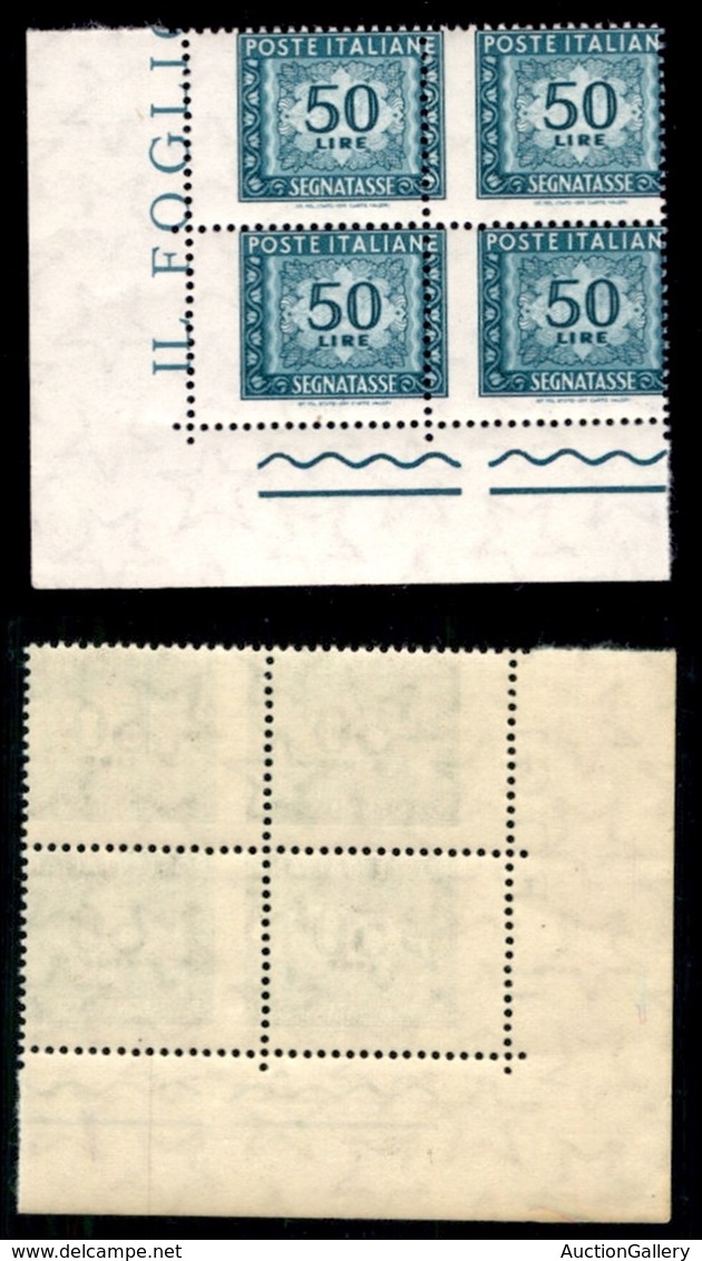 REPUBBLICA - SEGNATASSE - 1957 - Segnatasse - 50 Lire (118/IIf) - Quartina Angolare Con Dentellatura Verticale Spostata  - Autres & Non Classés
