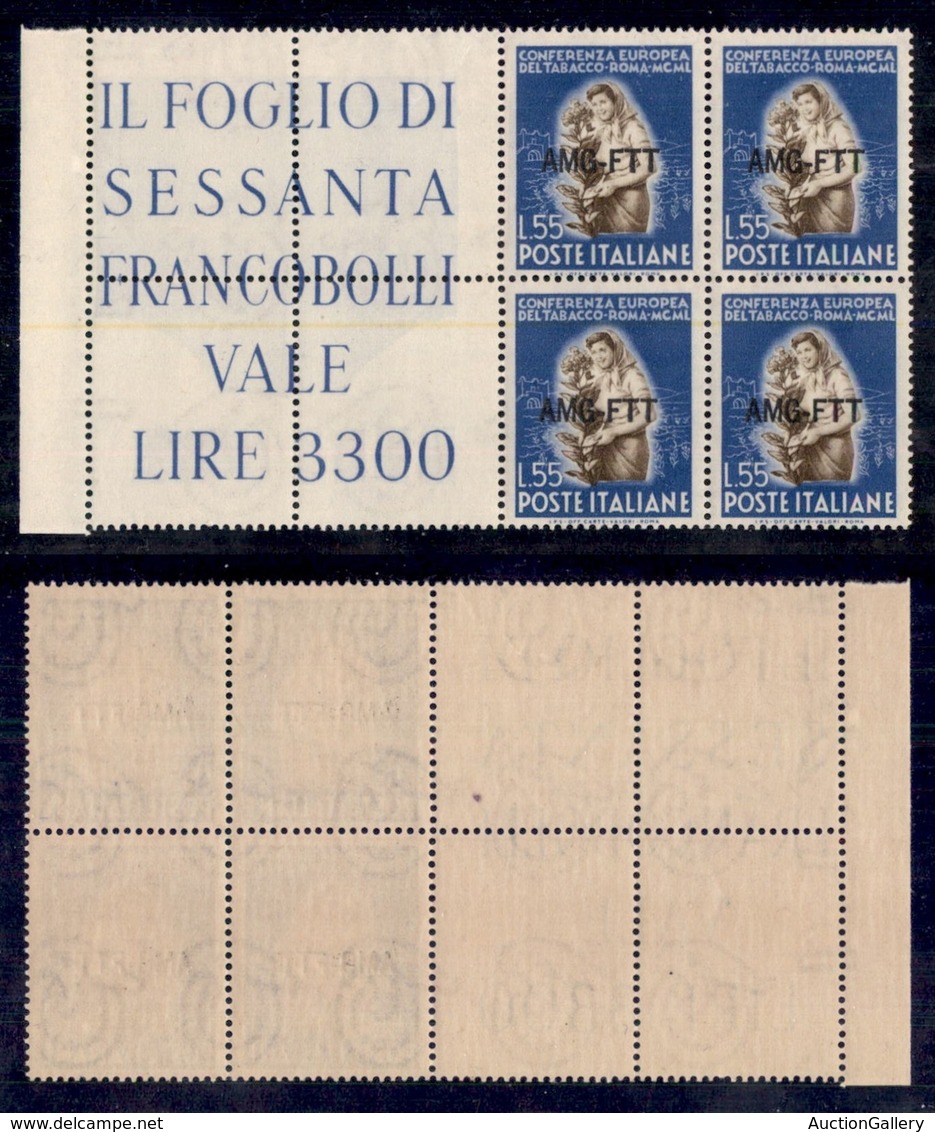 TRIESTE  - TRIESTE AMG FTT - 1950 - 55 Lire Tabacco (86) - Quartina Angolare Bordo Foglio Con Scritte Marginali - Gomma  - Sonstige & Ohne Zuordnung