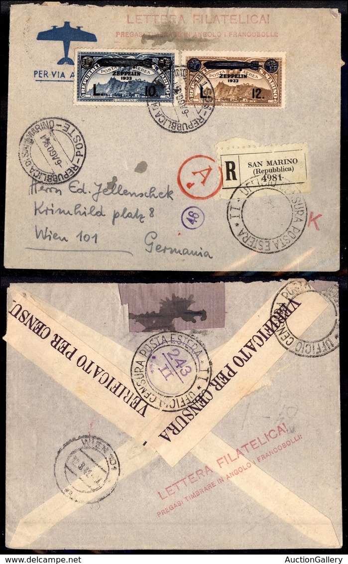 SAN MARINO - POSTA AEREA - Zeppelin - 10 Lire (13 - Aerea) + 12 Lire (14 - Aerea) - Aerogramma Raccomandato Per La Germa - Autres & Non Classés