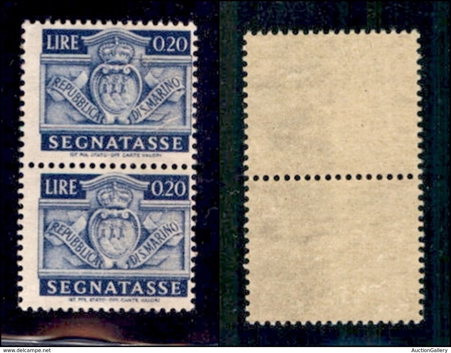 SAN MARINO - SEGNATASSE - 1945 - 20 Cent (68d) - Coppia Verticale Su Carta Ricongiunta - Gomma Integra (2.200) - Other & Unclassified