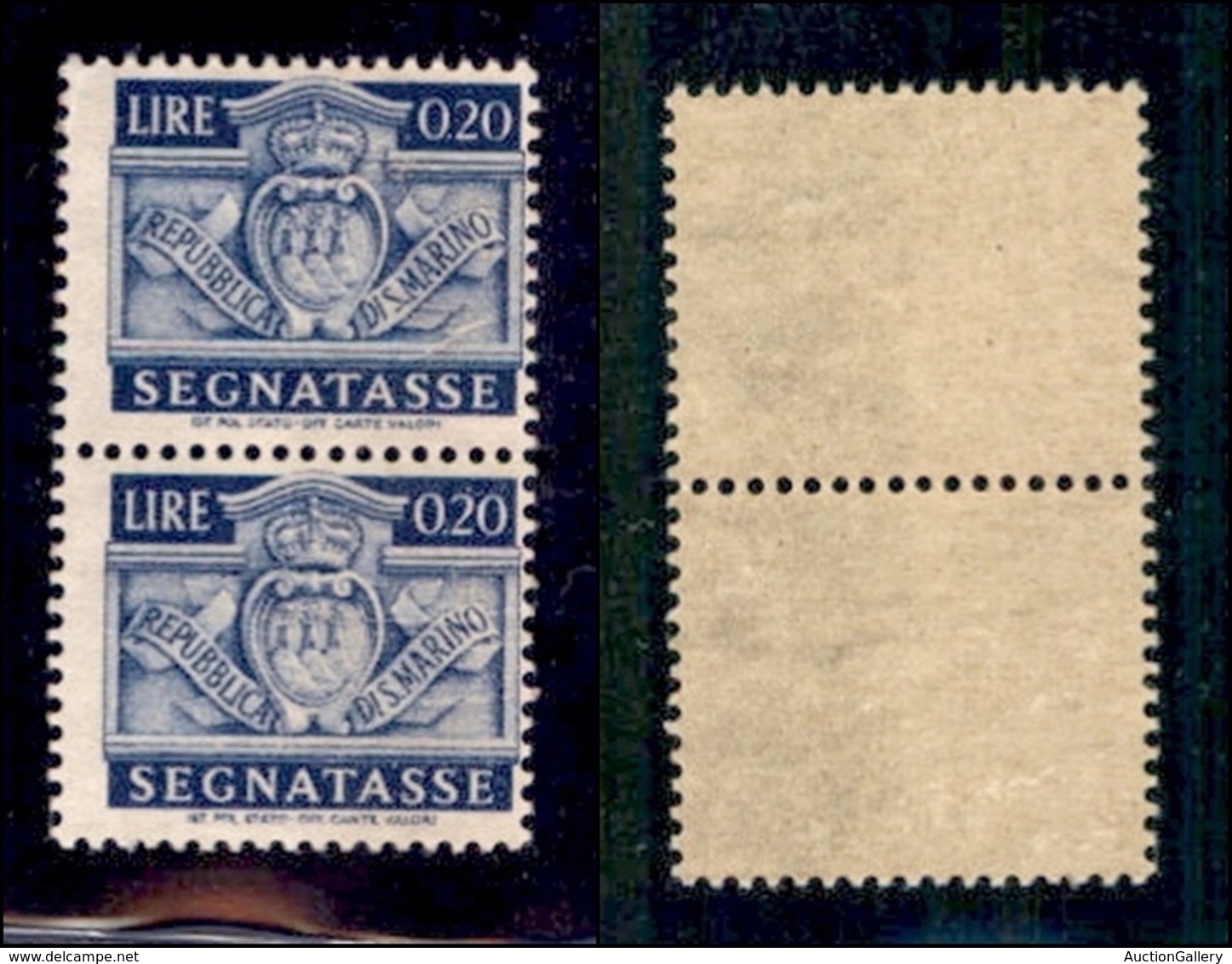 SAN MARINO - SEGNATASSE - 1945 - 20 Cent (68d) - Coppia Verticale Su Carta Ricongiunta - Gomma Integra (2.200) - Autres & Non Classés