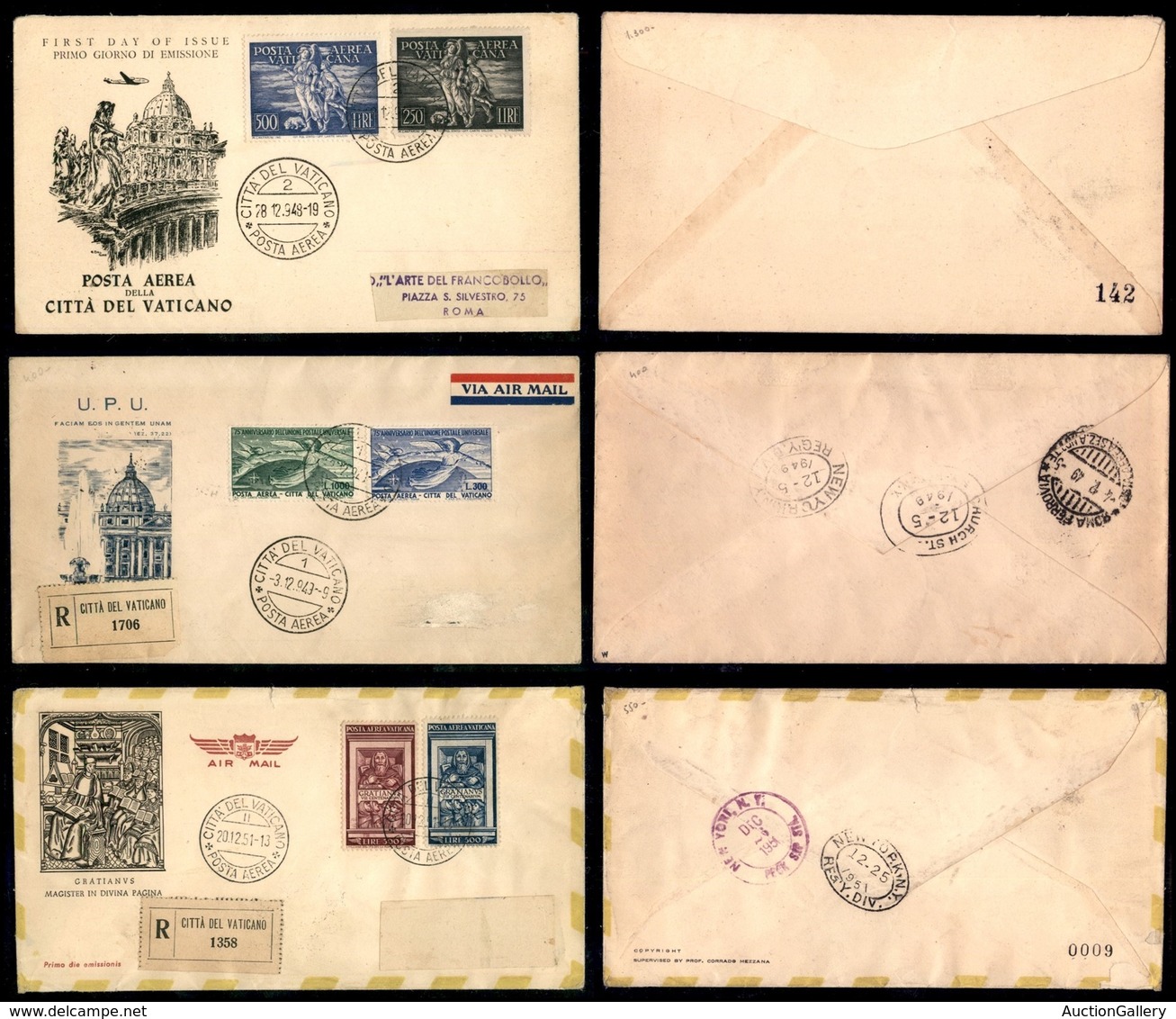 VATICANO - POSTA AEREA - 1948/1951 - Tre FDC Con Le Serie Tobiolo/UPU/Graziano (16/21) - Due Con Timbri Di Arrivo Al Ret - Other & Unclassified