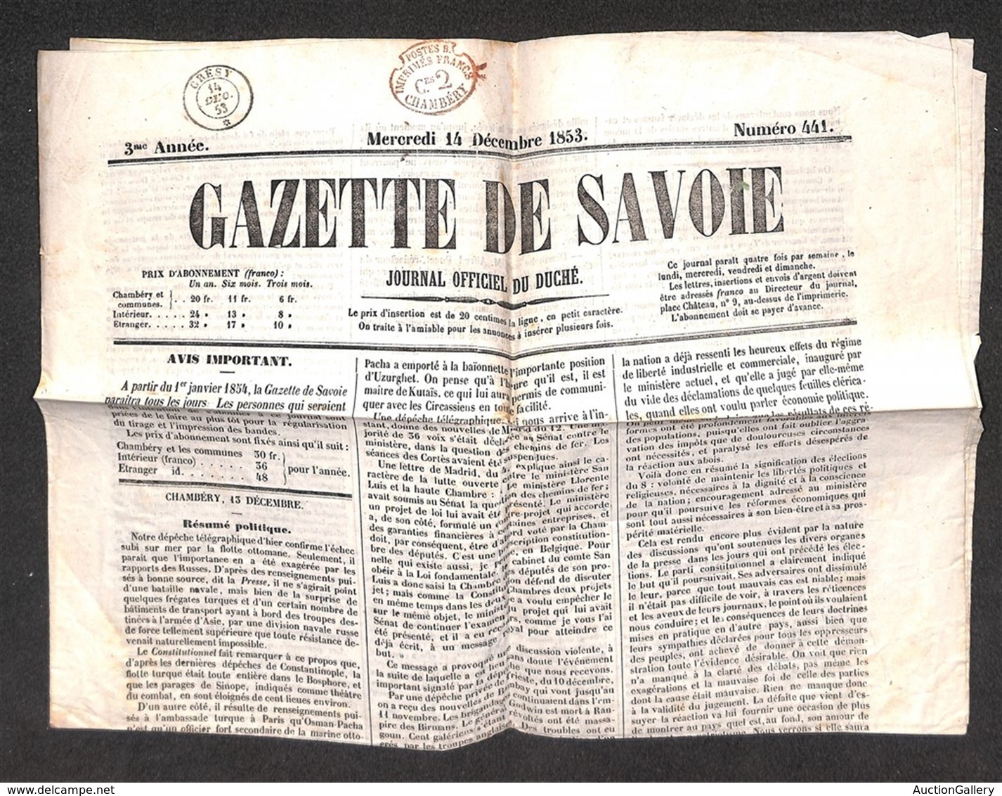 EUROPA - FRANCIA - Giornale “Gazette De Savoie” Con Impressione Postes B 2 Cent Chambery – Gresy 14.12.53 - Sonstige & Ohne Zuordnung