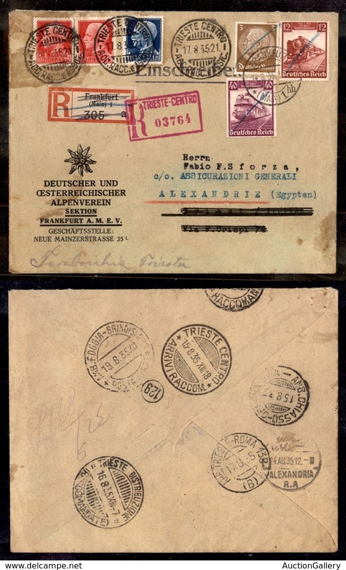 EUROPA - GERMANIA - 1935 – Raccomandata Da Francoforte A Trieste E Qui Rispedita Come Raccomandata Per Alessandria D'Egi - Autres & Non Classés