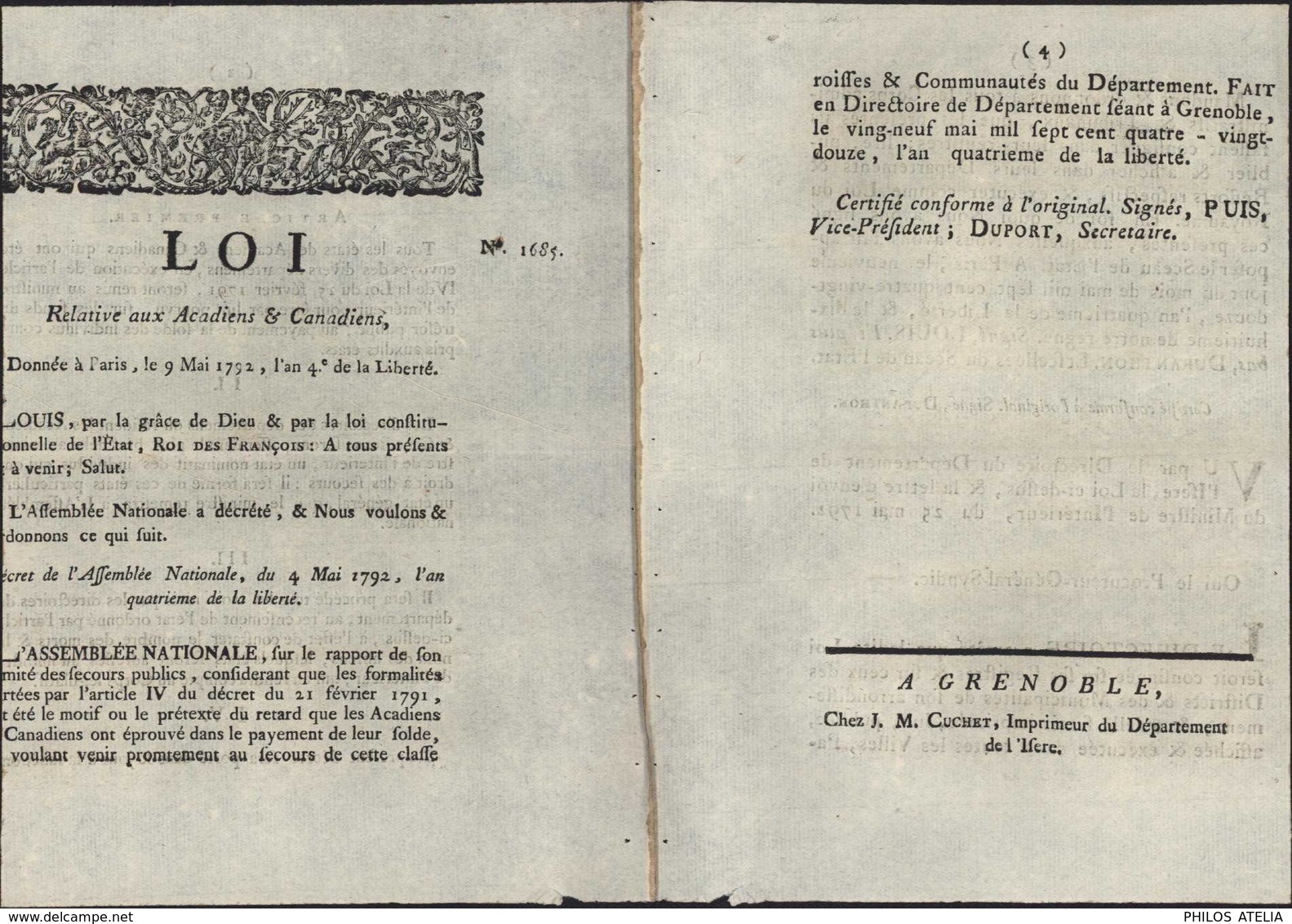 Loi Relative Aux Acadiens Et Canadiens 1792 Loi N1685 Assemblée Nationale Louis XVI Roi De France Canada - Décrets & Lois