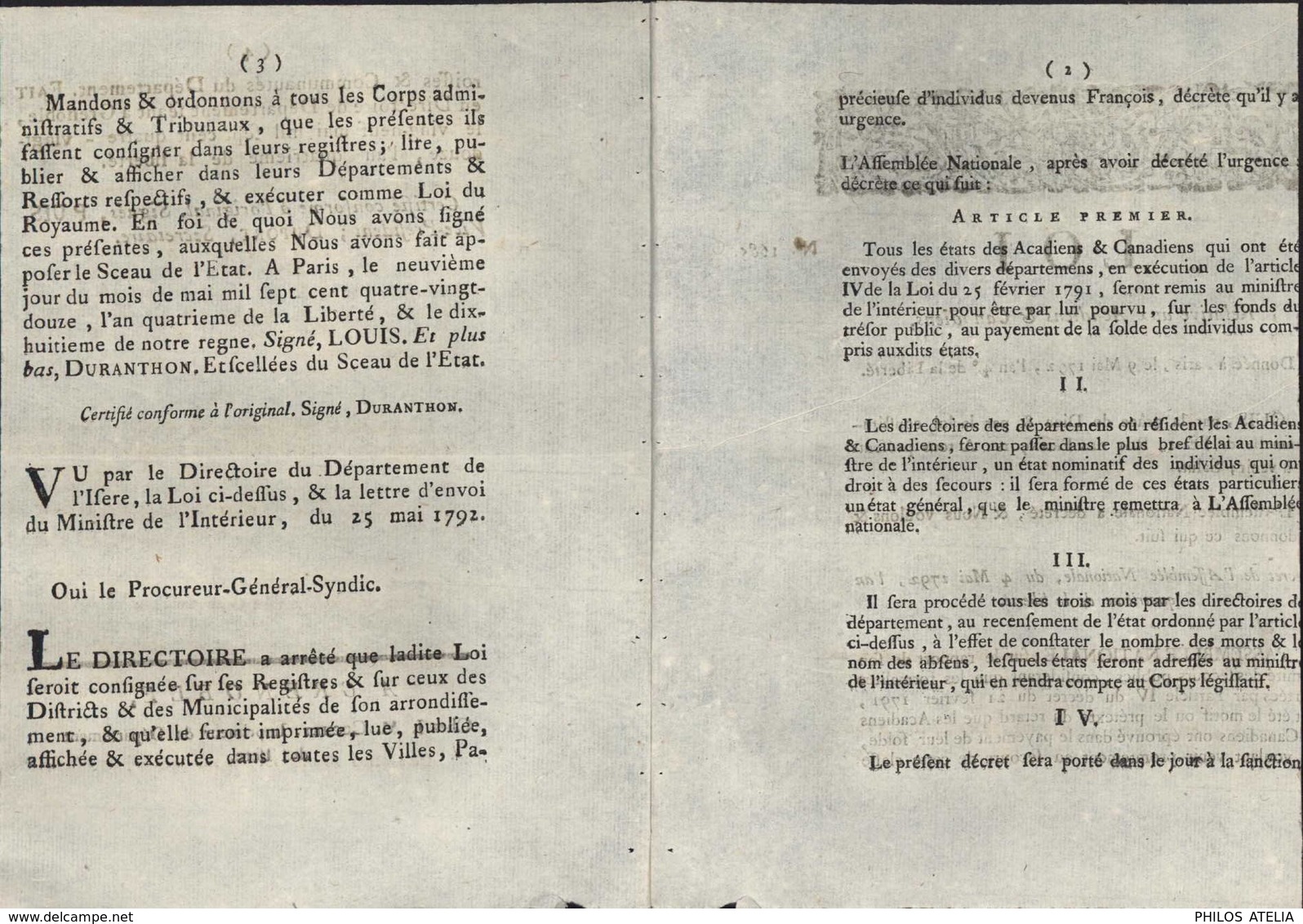 Loi Relative Aux Acadiens Et Canadiens 1792 Loi N1685 Assemblée Nationale Louis XVI Roi De France Canada - Décrets & Lois