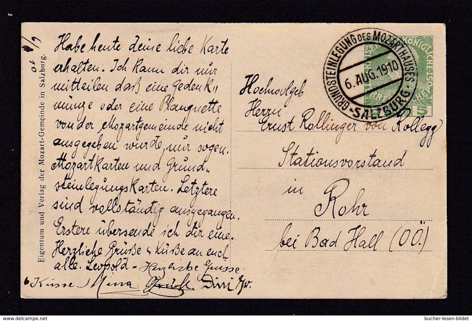 1910 - 5 H. Privat Ganzsache Mozart-Gemeinde Salzburg -. Passender Sonderstempel Mozarthaus - Musique