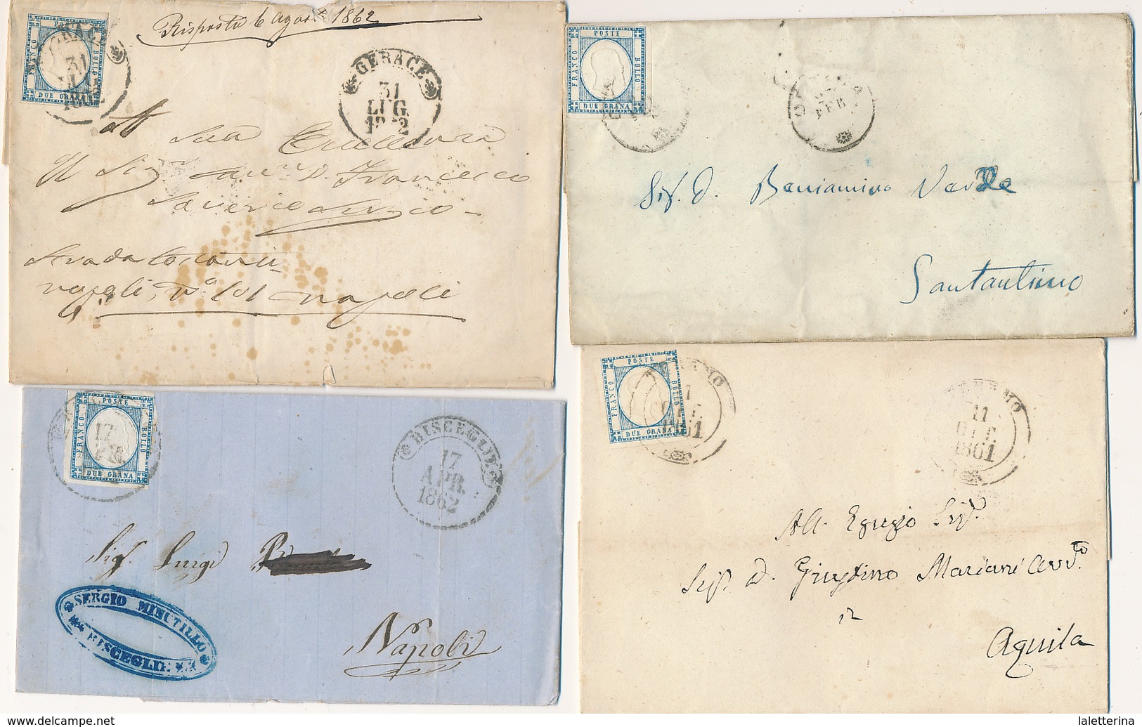 1861 PROVINCE NAPOLETANE 2 GRANA ANNULLATI GERACE,BISCEGLIE,TERAMO,ORTONA,FOGGIA,COSENZA,OTRANTO,MAGLIE,LANCIANO,BENEVEN - Naples