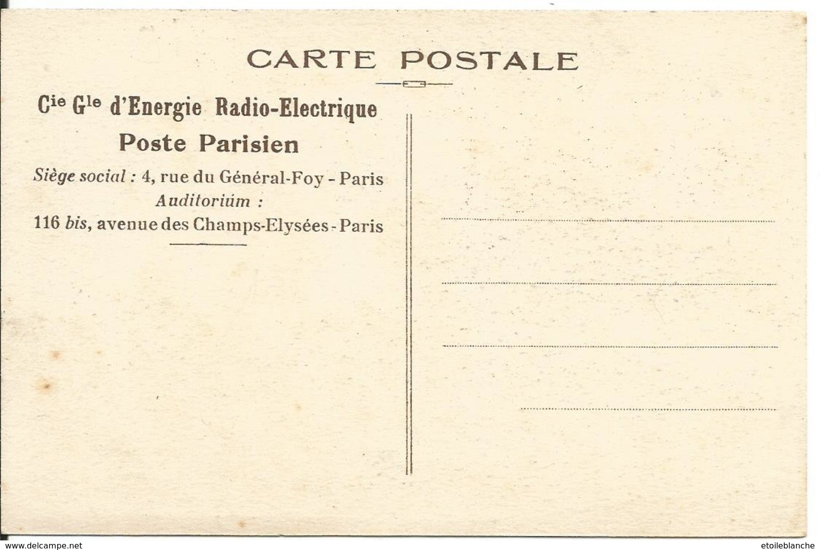 Compagnie Générale D'Energie Radio-Electrique - Poste Parisien, Station Des Molières 91 - Siège Paris, Champs Elysées - Ile-de-France