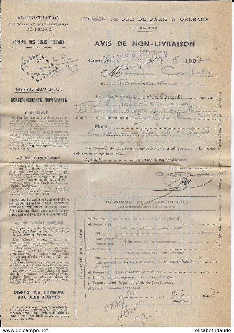 1937 - COLIS POSTAUX - AVIS De NON-LIVRAISON Avec TAXE De TOULOUSE - COLIS En SOUFFRANCE à CASABLANCA (MAROC) ! - Covers & Documents